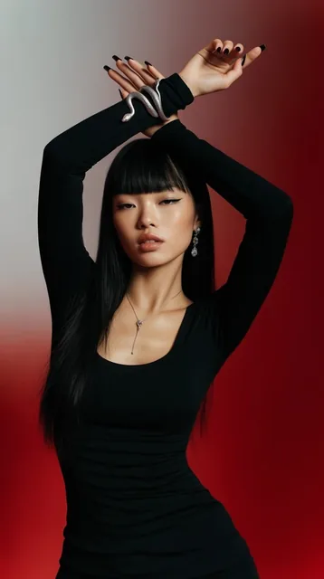 A young East Asian model poses against a smooth studio backdrop transitioning from pale gray to...