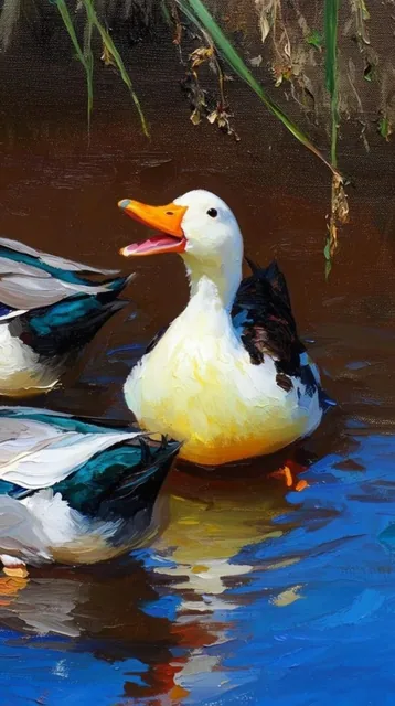 A vibrant oil painting captures a lively duck with a bright white head and open orange bill swi...