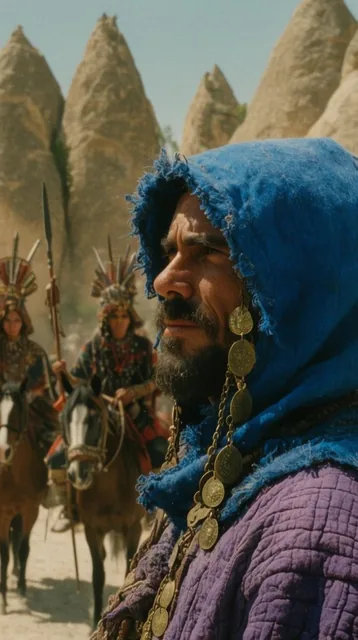 Close-up profile of a rugged man in a vibrant blue frayed hood with dangling brass ornaments an...