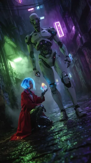 high-angle Dutch tilt of a neon-lit cyber-slum alleyway, towering white armored android standin...