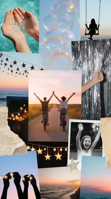 A densely layered collage of overlapping rectangular photographs capturing dreamy, nostalgic su...