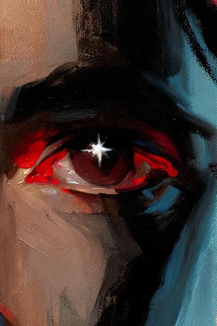 Extreme close-up of a painted eye on rough woven canvas, rendered with thick expressive brushst...
