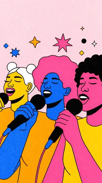 three stylized figures singing into microphones, contemporary editorial illustration, heavy ris...