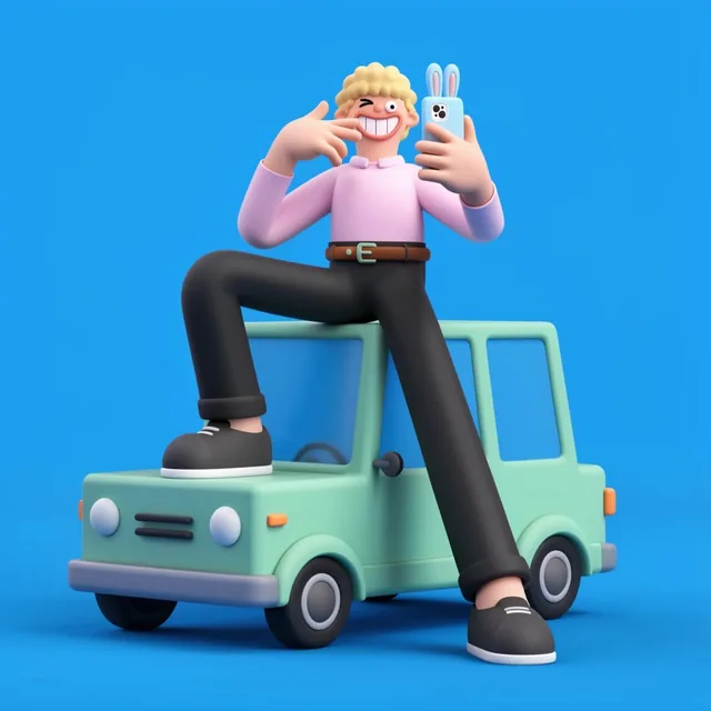 A 3D rendered cartoon character with extremely long black legs straddles a boxy mint-green car...
