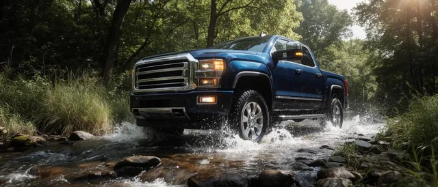 A dark metallic blue heavy-duty pickup truck powers through a shallow, rocky forest stream, kic...