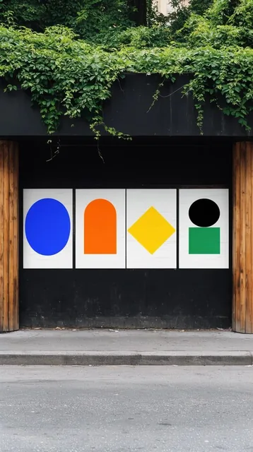 Four white posters on a dark wall feature bold geometric shapes in vibrant blue, orange, yellow...