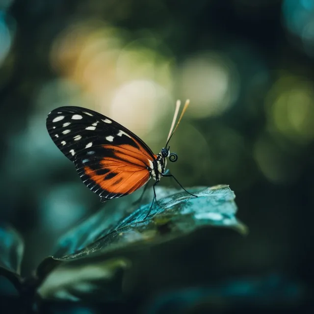 A macro photograph captures a vibrant orange and black butterfly resting on a textured green le...