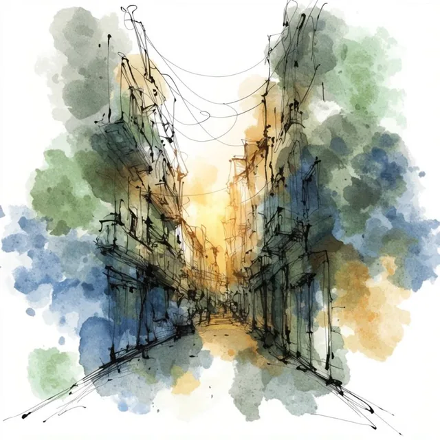 A loose watercolor and ink sketch of a narrow city alleyway rendered with erratic black lines a...