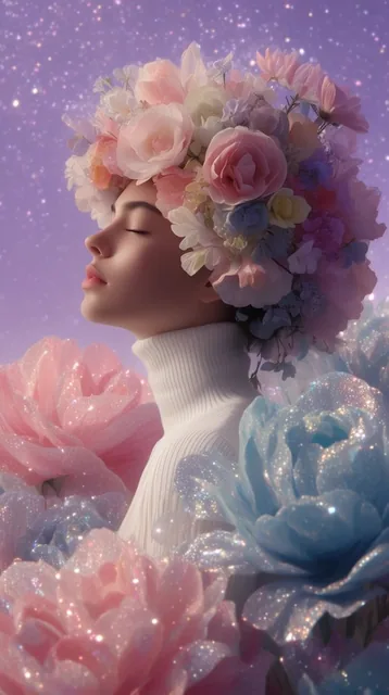 A serene figure in profile with closed eyes wears a voluminous pastel flower crown and a ribbed...