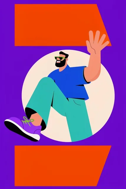 flat vector illustration of a dynamic bearded man stepping out of a solid cream circle against...