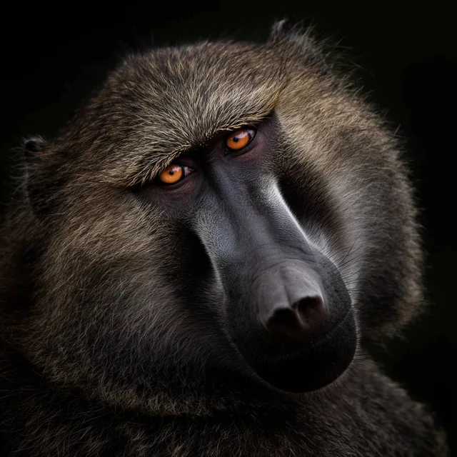 close-up portrait of a baboon, intense bright orange eyes, dark elongated snout, head tilted sl...
