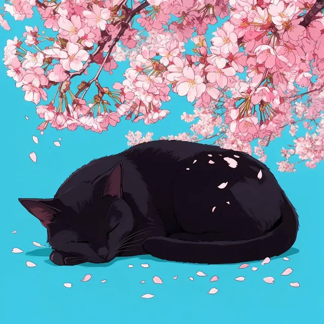 sleeping black cat on a solid cyan background, hanging pink cherry blossom branches above, scat...