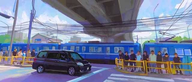 Vibrant digital painting of an urban street beneath a massive concrete overpass. A dark minivan...