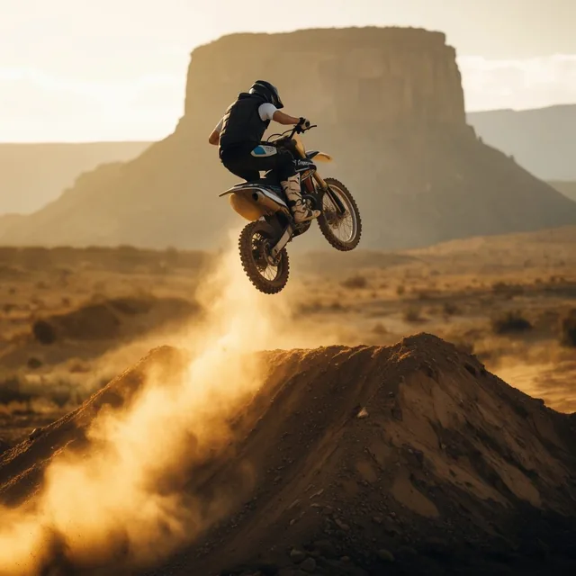 Motocross rider suspended mid-air on a dirt bike above a steep ramp, thick plume of golden dust...