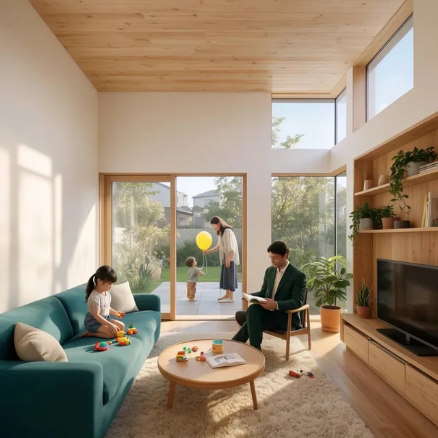 A sunlit contemporary living room frames a family enjoying quiet activities within a warm wood-...