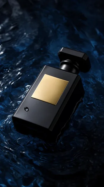 matte black rectangular bottle with blank gold plaque floating in deep blue rippling water, sin...