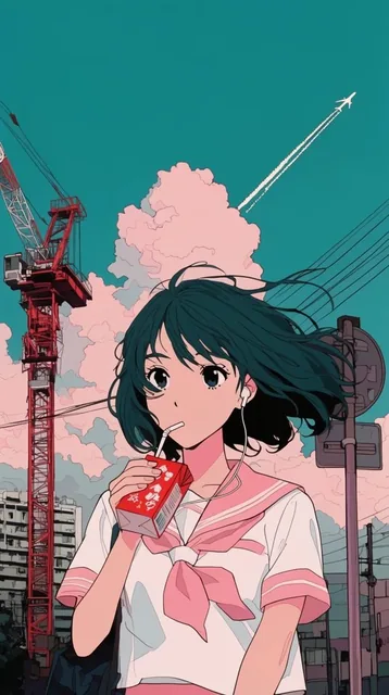A young woman with wind-swept dark teal hair drinks from a red carton through a straw, wearing...