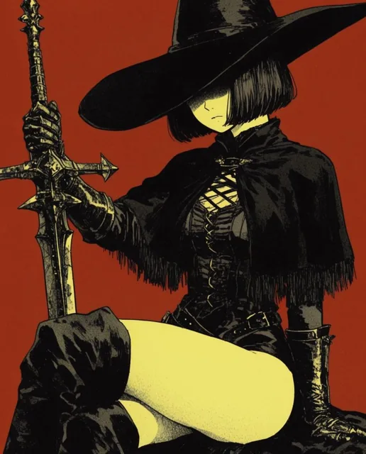retro manga style dark fantasy illustration, seated female warrior against a solid rust-red bac...
