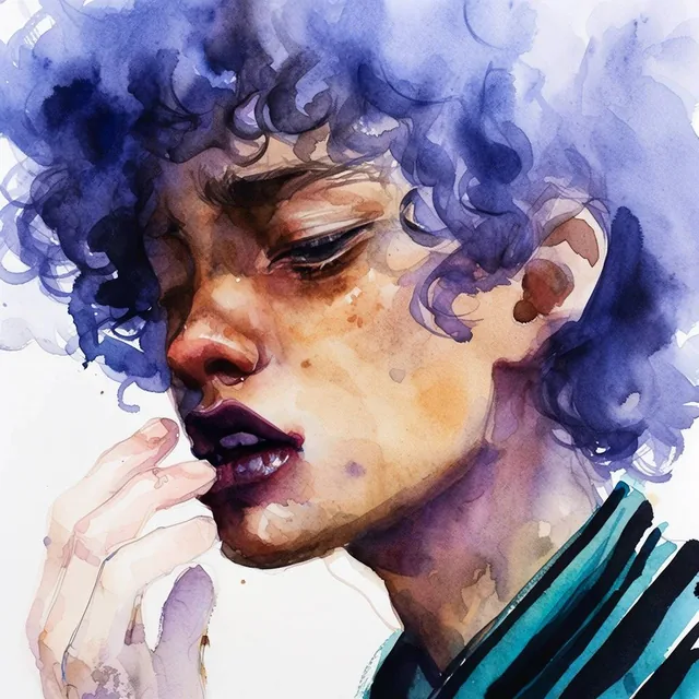 expressive watercolor portrait of a young person, close-up framing, pale hand raised delicately...