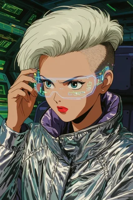 young woman with platinum blonde undercut, silver metallic jacket, adjusting a holographic head...