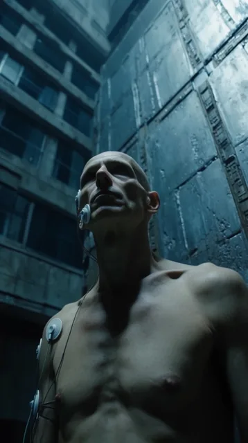 low angle shot of a gaunt shirtless bald man looking upwards, circular medical electrode sensor...