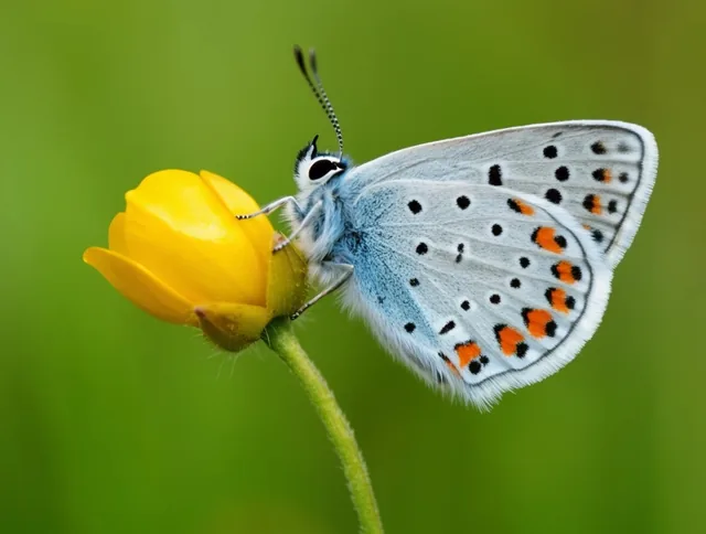 macro photograph of a silvery-blue butterfly perched on a yellow flower bud, pale wings dotted...