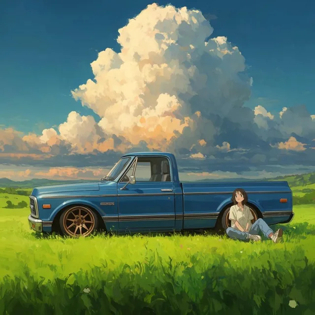 Vintage blue pickup truck in a vibrant green meadow beneath a massive towering cumulonimbus clo...