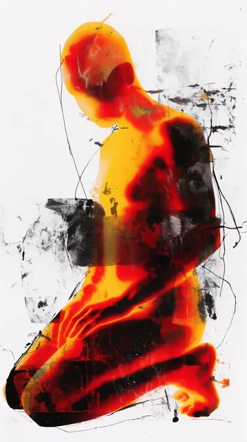 A deconstructed mixed-media collage on a stark white background featuring a highly distorted, t...