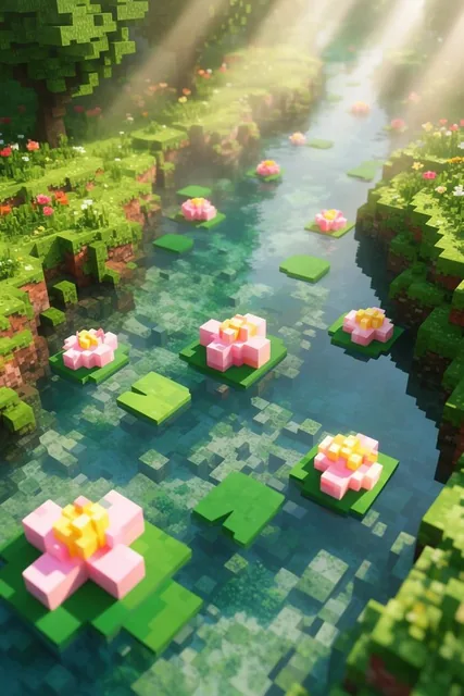 High-angle voxel landscape of a clear river dotted with cross-shaped pink and yellow geometric...