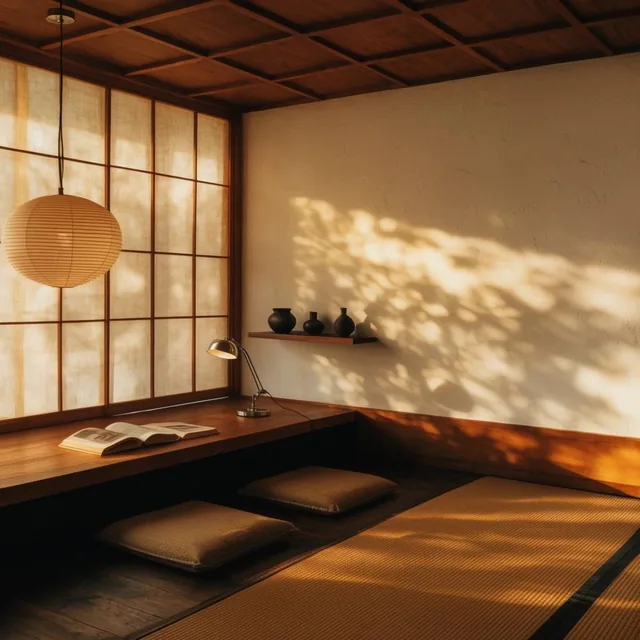 A tranquil Japanese-inspired interior bathed in golden hour sunlight, with dappled foliage shad...