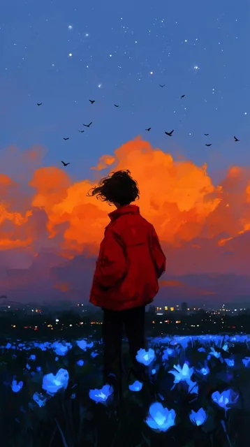 Person in red jacket viewed from behind, dark field with glowing blue flowers, distant city lig...