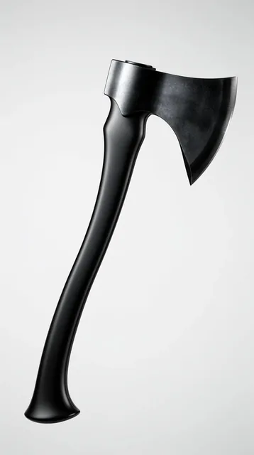 sleek black battle axe, diagonal orientation, plain light gray background, curved matte handle,...