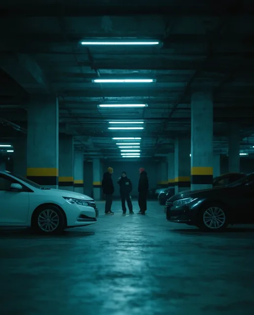 Dimly lit underground parking garage bathed in cinematic cyan tones. A white sedan and dark sed...