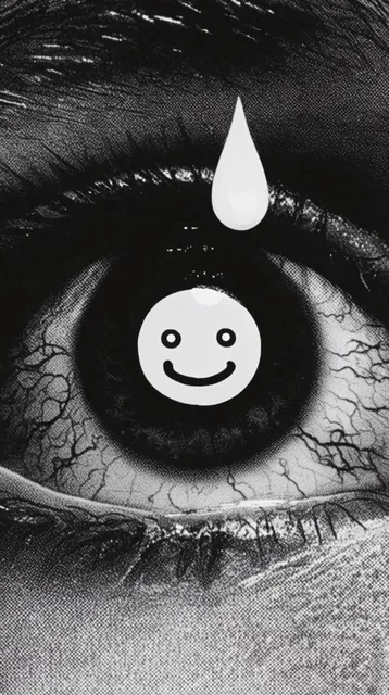 Extreme close-up of a bloodshot human eye rendered in high-contrast black and white halftone do...