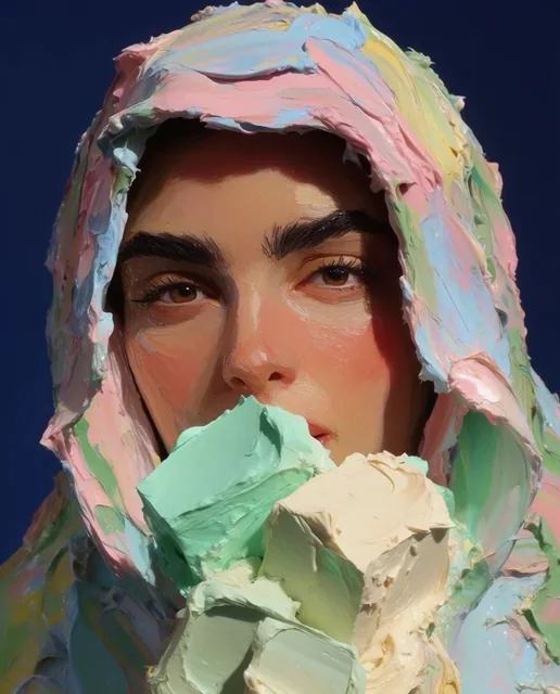 A close-up surrealistic portrait of a woman framed by a head covering constructed entirely from...