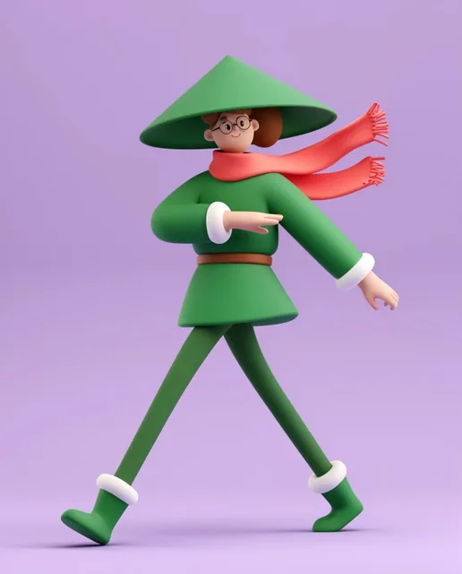 A 3D rendering of a stylized character mid-stride against a seamless lavender background. The f...