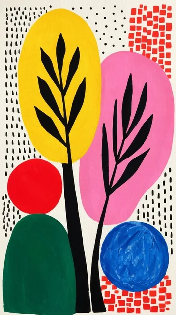 Vibrant abstract botanical gouache painting on textured paper featuring flat geometric shapes a...