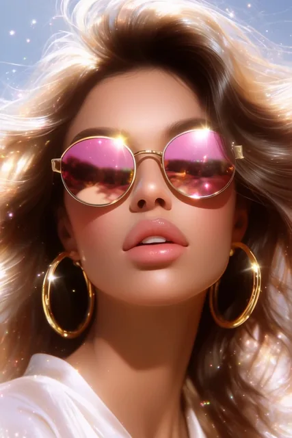 close-up digital portrait of a woman, reflective pink and gold round sunglasses, oversized gold...