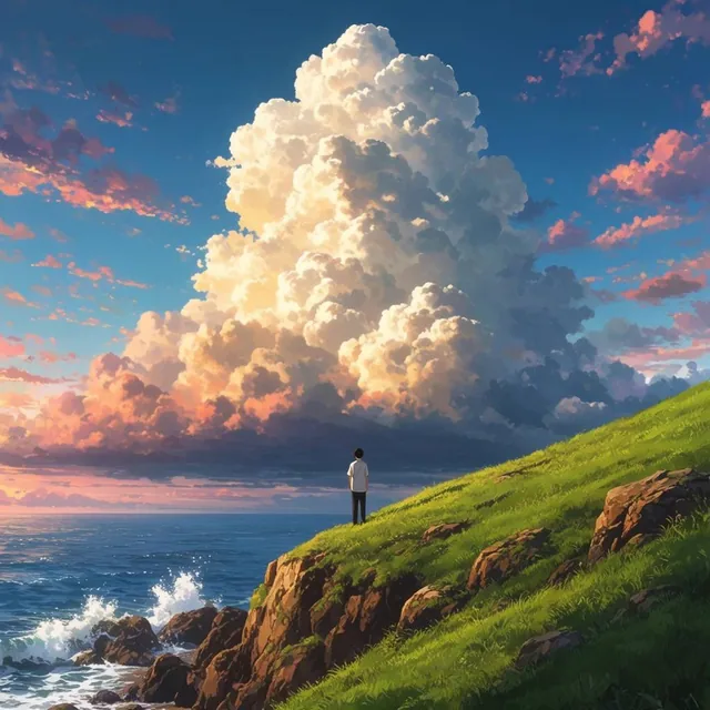 tiny solitary figure on a steep grassy cliff overlooking a blue ocean, massive towering cumulon...