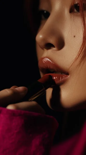 An extreme cinematic close-up focuses on a person's glossy, parted lips as a dark reddish-brown...