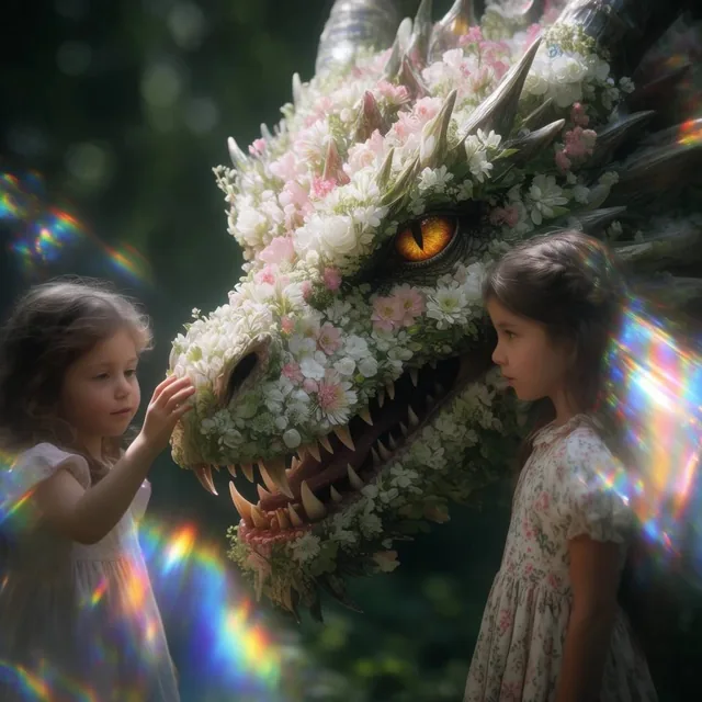 A majestic dragon formed from densely packed white, pink, and green flowers features a vivid am...