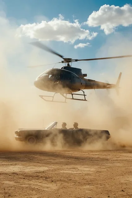 A dark helicopter hovers low over a barren desert landscape, churning up a massive cloud of tan...