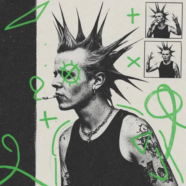 A distressed, high-contrast collage features a profile portrait of a punk figure with tall libe...