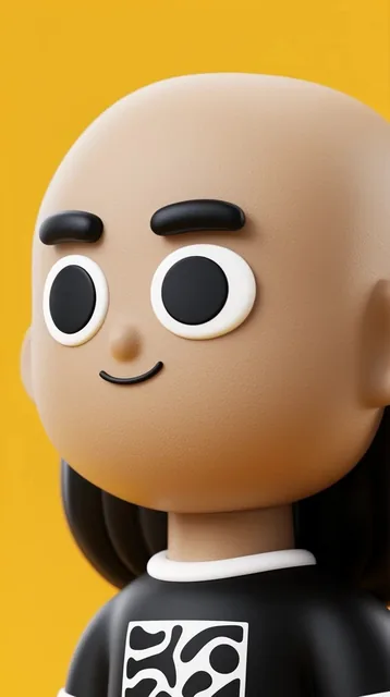 3D stylized designer toy figure, oversized bald head, large circular eyes with solid black cent...