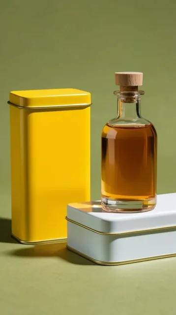 minimal product photography, bright yellow rectangular metal tin standing upright, clear glass...