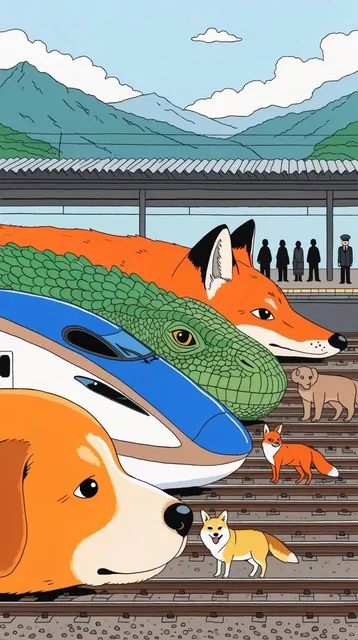 A whimsical 2D flat line illustration of a train station featuring bullet trains shaped like gi...