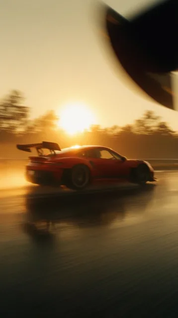 red sports car speeding along a wet asphalt road, intense horizontal motion blur, large aerodyn...