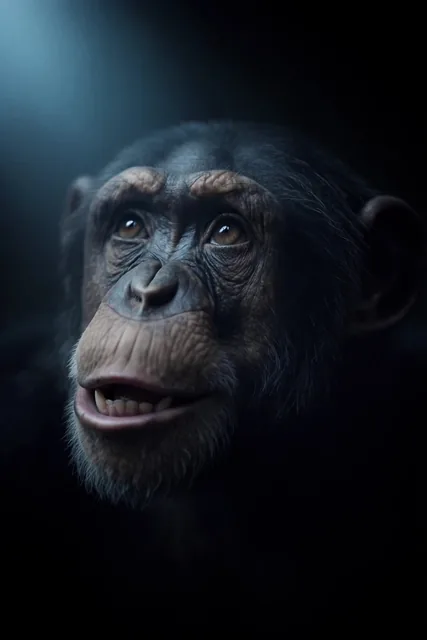 A close-up portrait of a chimpanzee's head emerging from a pitch-black background, lit by a sof...