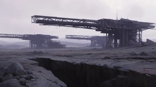 A desolate wasteland features massive, skeletal industrial structures stretching across cracked...