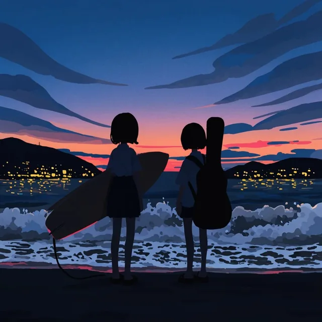 A 2D digital illustration of two silhouetted girls on a dark beach at twilight. One holds a sur...